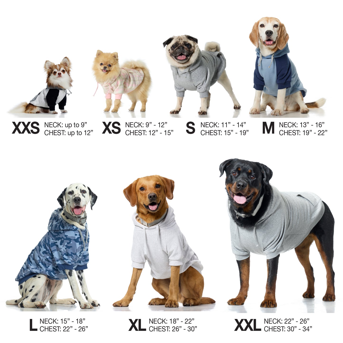 Dog coats in various sizes with size chart on a white background