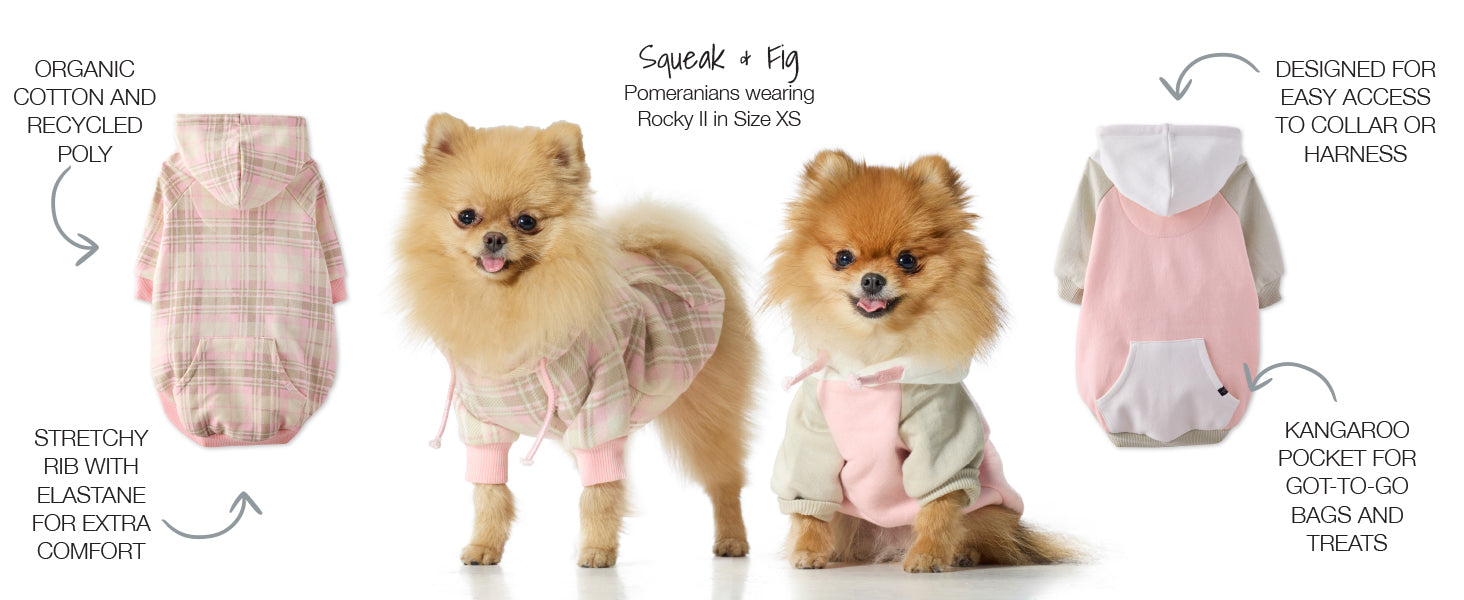 Two dogs wearing pink doggy onesies with text describing features.