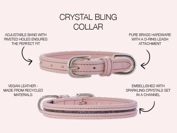 Pink dog collar with crystal bling features on a white background