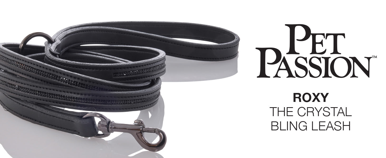 Black pet leash with crystal bling on a white background, featuring 'Pet Passion' branding.