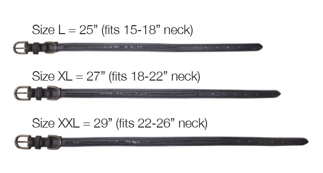 Three black dog collars with size measurements on a white background
