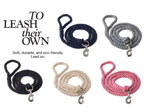 Set of five rope leashes in black, blue, gray, pink, and beige with text about their qualities.